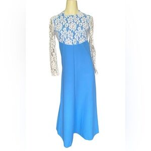 Vintage 1970s handmade blue floor-length hostess gown with a white lace bodice